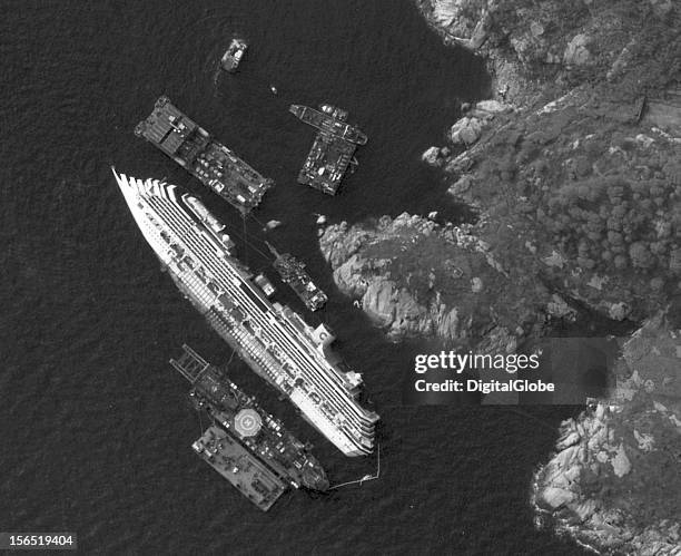 This is a satellite image of the salvage operations of the Costa Concordia along the coastline of Giglio Island in Itlay. This is the largest salvage...