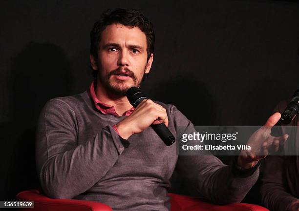 Actor James Franco speaks during a Masterclass and Cubovision Award at the 7th Rome Film Festival at the Auditorium Parco Della Musica on November...