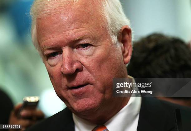 Select Committee on Intelligence ranking member Sen. Saxby Chambliss speaks to members of the media after a hearing on the Benghazi attack November...