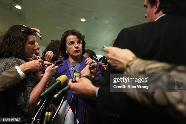 Select Committee on Intelligence chairwoman Sen. Dianne Feinstein speaks to members of the media after a hearing on the Benghazi attack November 16,...