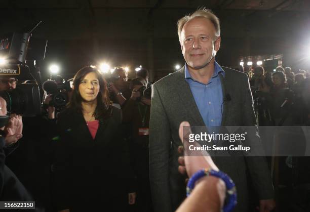 German Greens Party co-chancellor candidates Katrin Goering-Eckardt and Juergen Trittin arrive to speak at the Greens party federal convention on...