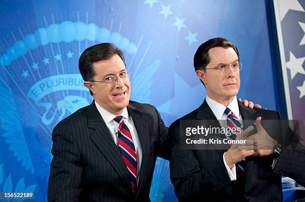 Stephen Colbert unveils his wax figure during the Madame Tussauds Stephen Colbert Unveiling at Madame Tussauds on November 16, 2012 in Washington, DC.