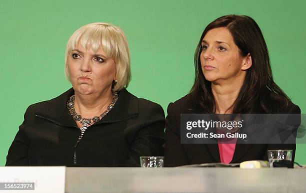 German Greens Party co-chairwoman Claudia Roth and co-chancellor candidate Katrin Goering-Eckardt attend the Greens Party federal convention under a...