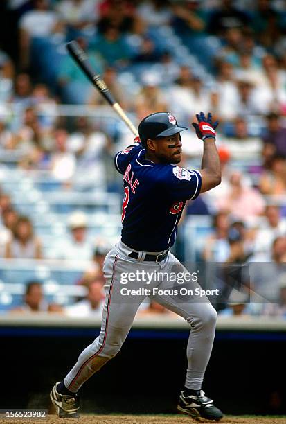 Albert Belle of the Cleveland Indians bats against the New York Yankees during a Major League Baseball game circa 1996 at Yankee Stadium in the Bronx...