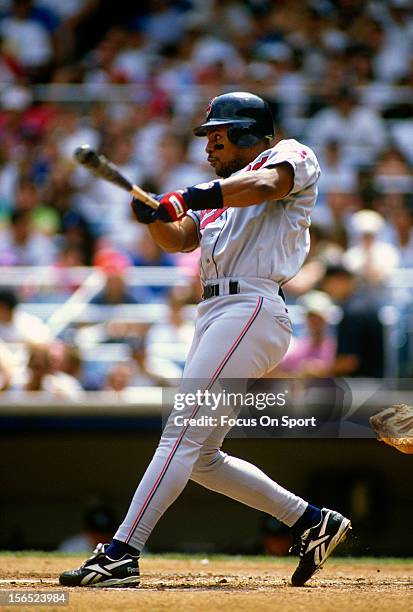 Albert Belle of the Cleveland Indians bats against the New York Yankees during a Major League Baseball game circa 1996 at Yankee Stadium in the Bronx...