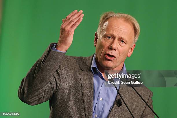 German Greens Party co-chancellor candidate Juergen Trittin speaks to delegates at the Greens Party federal convention on November 16, 2012 in...