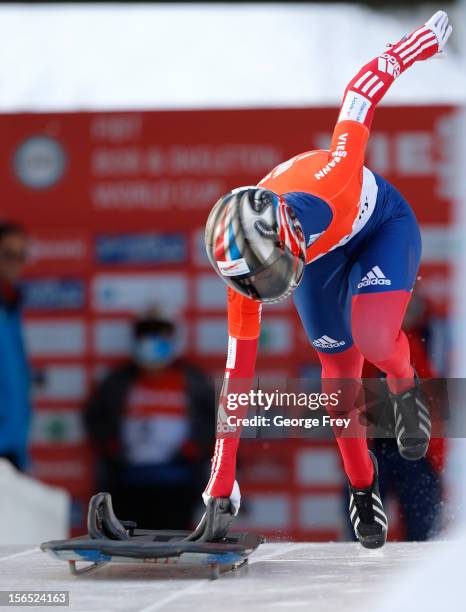 Shelley Rudman of Great Britain finishes tied for fifth place in the FIBT women's skeleton world cup heat 1, on November 16, 2012 at Utah Olympic...