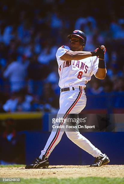 Albert Belle of the Cleveland Indians bats against the Chicago White Sox during an Major League Baseball game circa 1993 at Cleveland Stadium in...