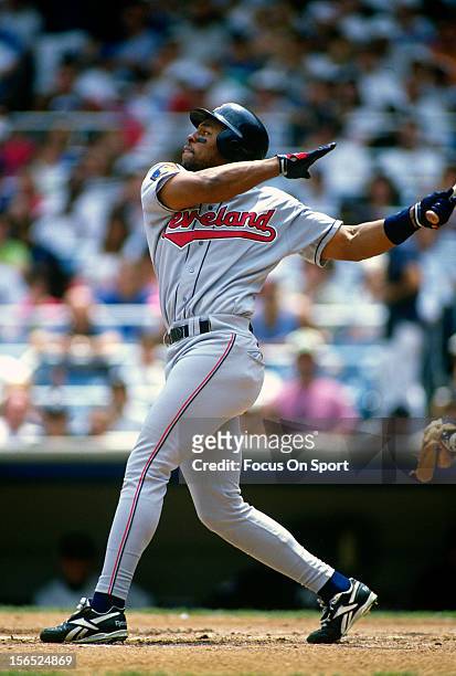 Albert Belle of the Cleveland Indians bats against the New York Yankees during a Major League Baseball game circa 1994 at Yankee Stadium in the Bronx...
