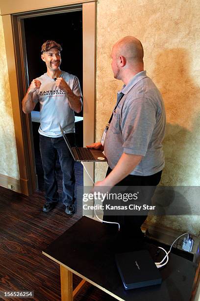 Matthew Marcus , CTO of Local Ruckus in the KC Startup Village in the Hanover Heights neighborhood in Kansas City, Kansas, reacts after getting...
