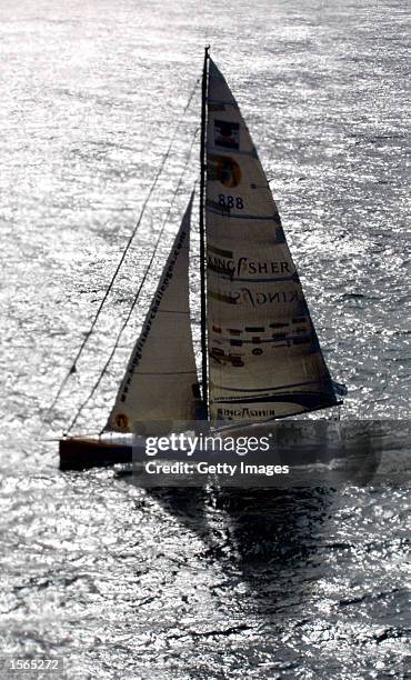 Ellen MacArthur of Great Britain on board her boat Kingfisher, around 90 miles from the finish line during Vendee Globe Challenge just off the coast...