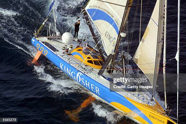 Ellen MacArthur of Great Britain on board her boat Kingfisher, around 90 miles from the finish line during Vendee Globe Challenge just off the coast...