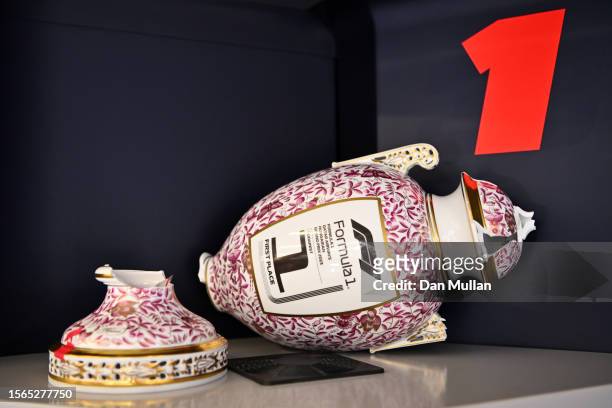 The Race winner trophy of Max Verstappen of the Netherlands and Oracle Red Bull Racing is pictured in the garage after the F1 Grand Prix of Hungary...