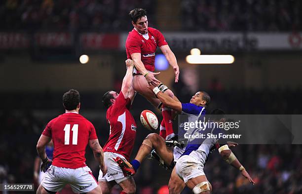 Wales captain Ryan Jones looses a high ball during the International Match between Wales and Samoa at Millennium Stadium on November 16, 2012 in...