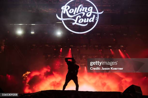 American rapper Travis Scott performs onstage during day two of Rolling Loud Miami at Hard Rock Stadium on July 22, 2023 in Miami Gardens, Florida.