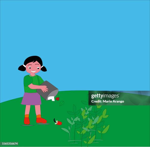 illustration of a girl with the remains of fruits using them as fertilizer in plants to help the planet - children recycling stock illustrations