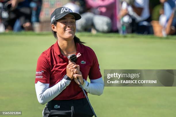 France's Celine Boutier reacts after winning the Evian Championship, a women's LPGA major golf tournament in Evian-les-Bains, French Alps, on July...