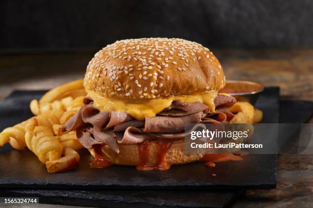 roast beef and cheddar sandwich - sesame seed bun stock pictures, royalty-free photos & images
