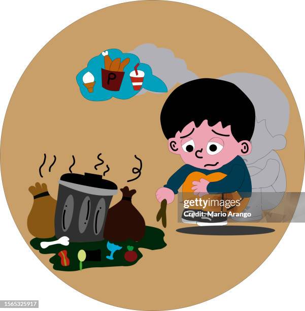 illustration eines traurigen jungen neben einer mülltonne, der von anderen weggeworfenes essen isst, während er sich leckeres essen vorstellt - sandkasten stock-grafiken, -clipart, -cartoons und -symbole