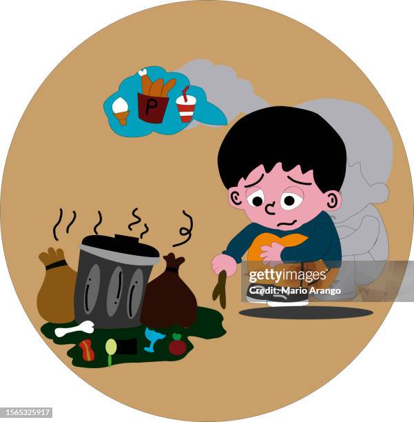 illustration of a sad boy next to a garbage can eating food thrown away by others while imagining tasty food - children recycling stock illustrations