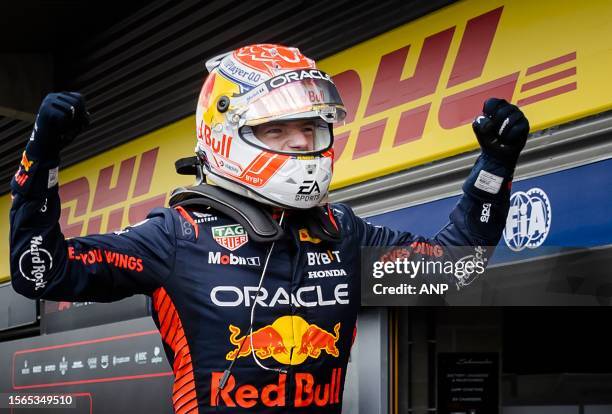 Max Verstappen cheers after winning the Grand Prix of Belgium at the Circuit de Spa-Francorchamps. ANP SEM VAN DER WAL