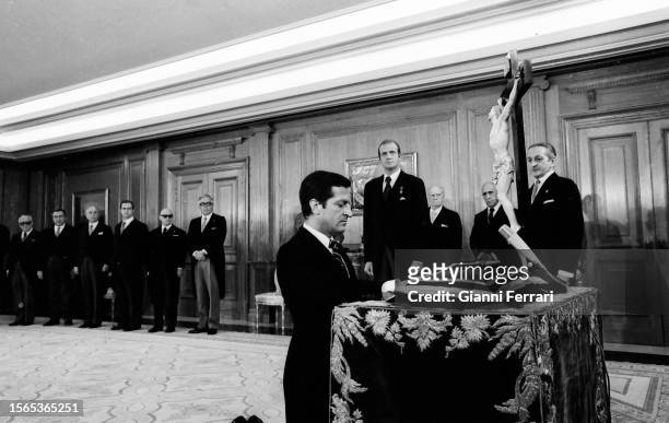 Spanish politician Adolfo Suarez during his swearing in as President of the Government in front of King Juan Carlos I, Madrid, Spain, 1976