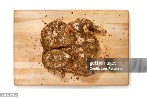 raw mediterranean spiced spatchcock chicken - marinated stock pictures, royalty-free photos & images