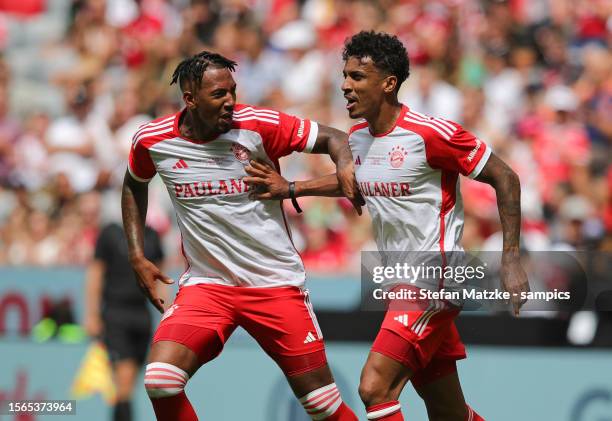 Luis Gustavo and Jerome Boateng during the Bayern Munich and Borussia Dortmund legends teams a friendly match to celebrate the 10th anniversary of...