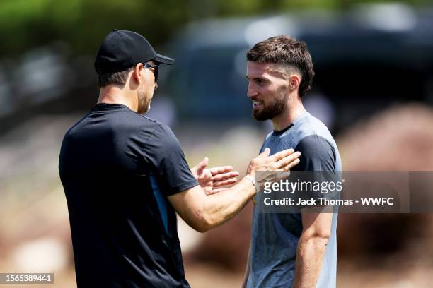 Matt Doherty of Wolverhampton Wanderers speaks with Julen Lopetegui, Manager of Wolverhampton Wanderers during a pre-season training camp on July 22,...