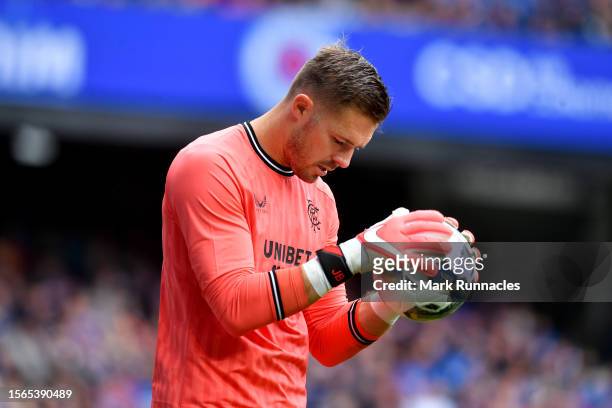 Jack Butland of Rangers in action during the pre-season friendly match between Rangers and SV Hamburg at Ibrox Stadium on July 22, 2023 in Glasgow,...