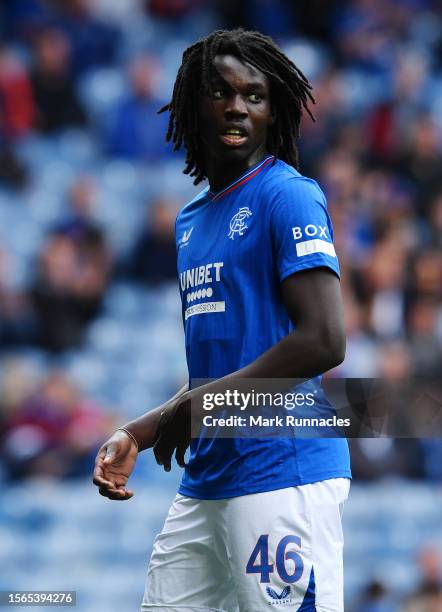 Johny Yfeko of Rangers in action during the pre-season friendly match between Rangers and SV Hamburg at Ibrox Stadium on July 22, 2023 in Glasgow,...