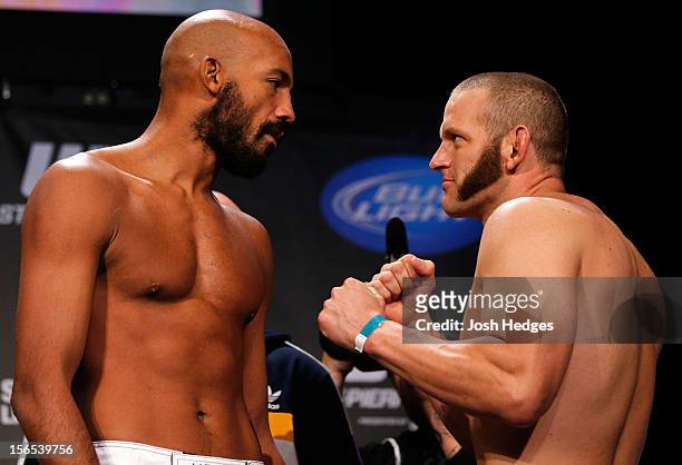 Opponents Cyrille Diabate and Chad Griggs face off during the official UFC 154 weigh in at New City Gas on November 16, 2012 in Montreal, Quebec,...