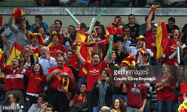 Spanish fans cheer for Nicolas Almagro of Spain during his match against Tomas Berdych of Czech Republic during day one of the final Davis Cup match...