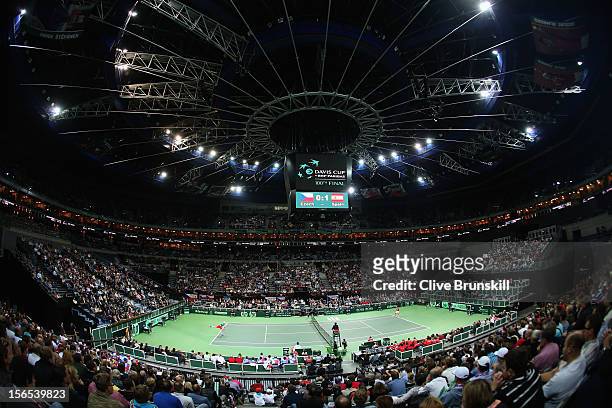 General view of the 02 Arena during Nicolas Almagro of Spains match against Tomas Berdych of Czech Republic during day one of the final Davis Cup...