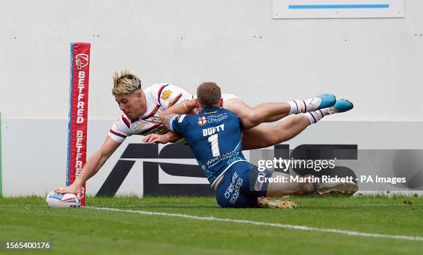 Wakefield Trinity's Tom Lineham scores a try during the Betfred Super League match at the Be Well Support Stadium, Wakefield. Picture date: Sunday...