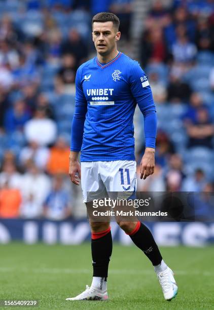Tom Lawrence of Rangers in action during the pre-season friendly match between Rangers and SV Hamburg at Ibrox Stadium on July 22, 2023 in Glasgow,...