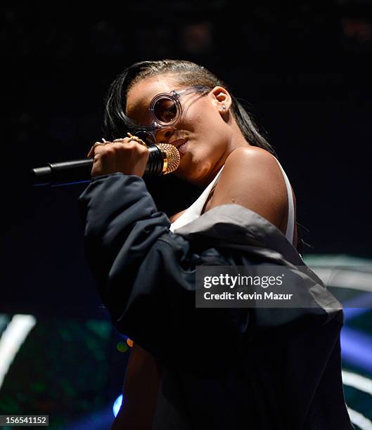 Rihanna performs at The Danforth during her 777 tour on November 15, 2012 in Toronto, Ontario. Rihanna's 777 Tour - 7 countries, 7 days, 7 shows in...