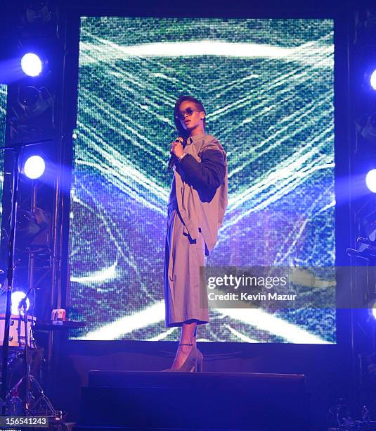 Rihanna performs at The Danforth during her 777 tour on November 15, 2012 in Toronto, Ontario. Rihanna's 777 Tour - 7 countries, 7 days, 7 shows in...