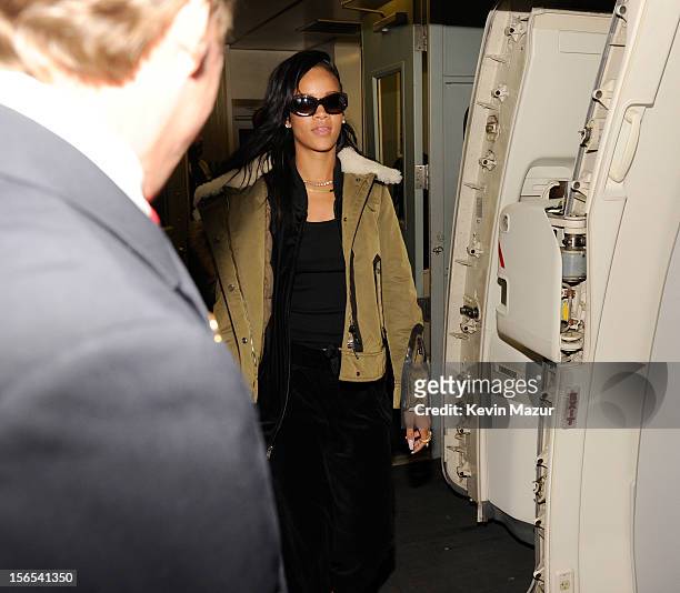 Rihanna boards her plane following her show at The Danforth on November 15, 2012 in Toronto, Ontario. Rihanna's 777 Tour - 7 countries, 7 days, 7...