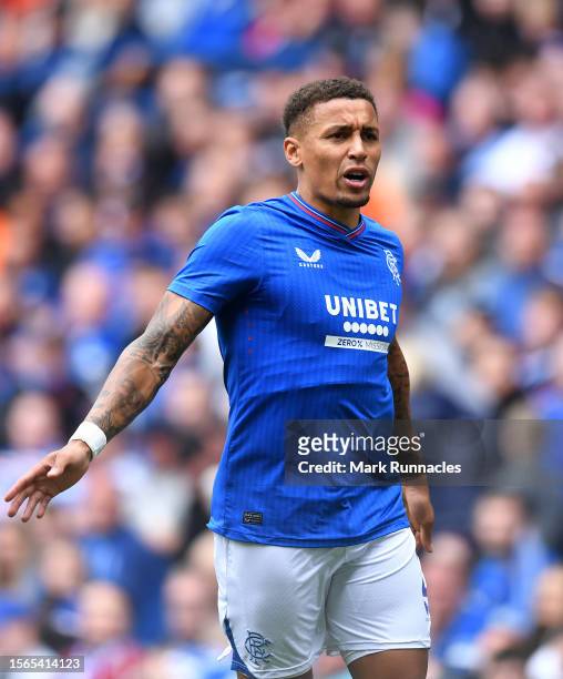 James Tavernier captain of Rangers in action during the pre-season friendly match between Rangers and SV Hamburg at Ibrox Stadium on July 22, 2023 in...