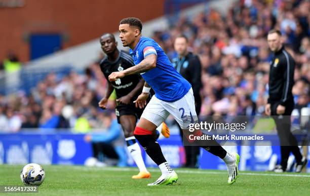 James Tavernier captain of Rangers in action during the pre-season friendly match between Rangers and SV Hamburg at Ibrox Stadium on July 22, 2023 in...