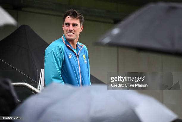 Pat Cummins of Australia smiles at the fans as he leaves the players balcony for the end of match presentations during day five of the LV=Insurance...