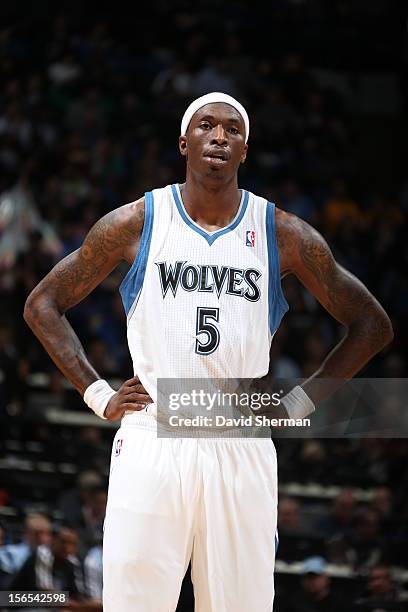 Will Conroy of the Minnesota Timberwolves rests during a time out against the Golden State Warriors during the game on November 16, 2012 at Target...