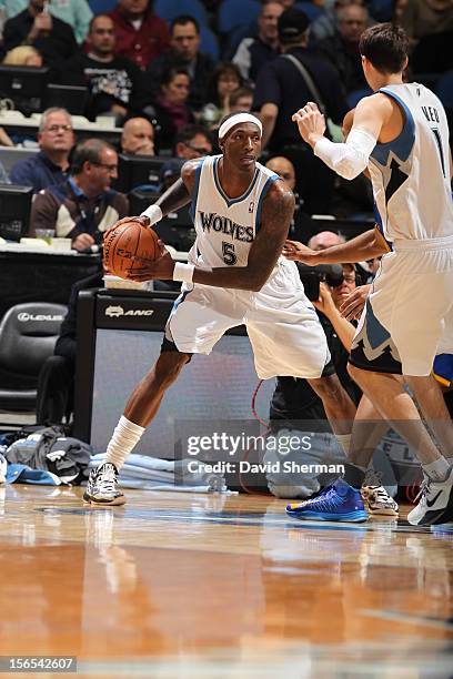 Will Conroy of the Minnesota Timberwolves passes the ball against the Golden State Warriors during the game on November 16, 2012 at Target Center in...