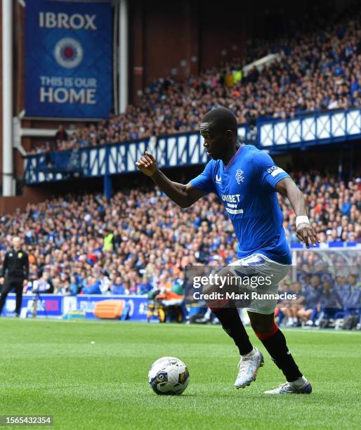 Rabbi Matondo of Rangers in action during the pre-season friendly match between Rangers and SV Hamburg at Ibrox Stadium on July 22, 2023 in Glasgow,...