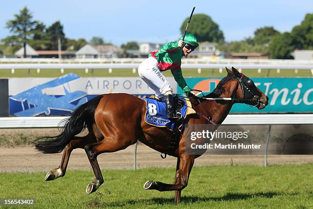 Lisa Allpress rides Blood Brotha to win the 149th New Zealand Cup during the New Zealand Cup 2012 at Riccarton Park Racecourse on November 17, 2012...