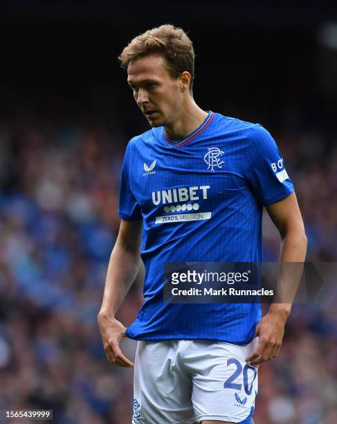 Kieran Dowell of Rangers in action during the pre-season friendly match between Rangers and SV Hamburg at Ibrox Stadium on July 22, 2023 in Glasgow,...