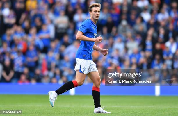 Kieran Dowell of Rangers in action during the pre-season friendly match between Rangers and SV Hamburg at Ibrox Stadium on July 22, 2023 in Glasgow,...