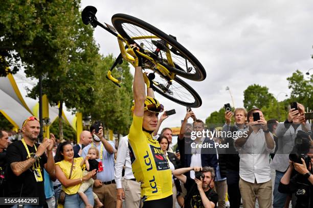 Jonas Vingegaard of Denmark and Team Jumbo-Visma - Yellow Leader Jersey celebrates as final overall winner after the stage twenty-one of the 110th...