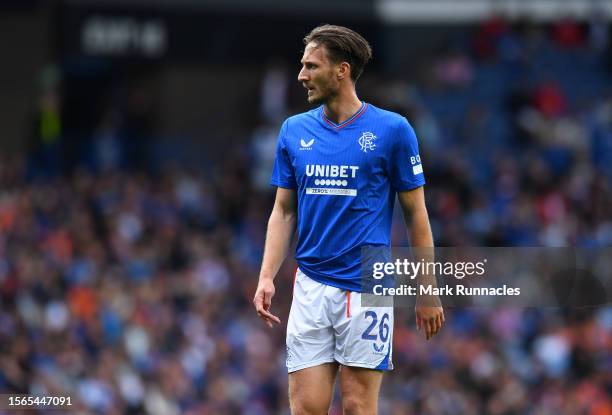 Benjamin Davies of Rangers during the pre-season friendly match between Rangers and SV Hamburg at Ibrox Stadium on July 22, 2023 in Glasgow, Scotland.